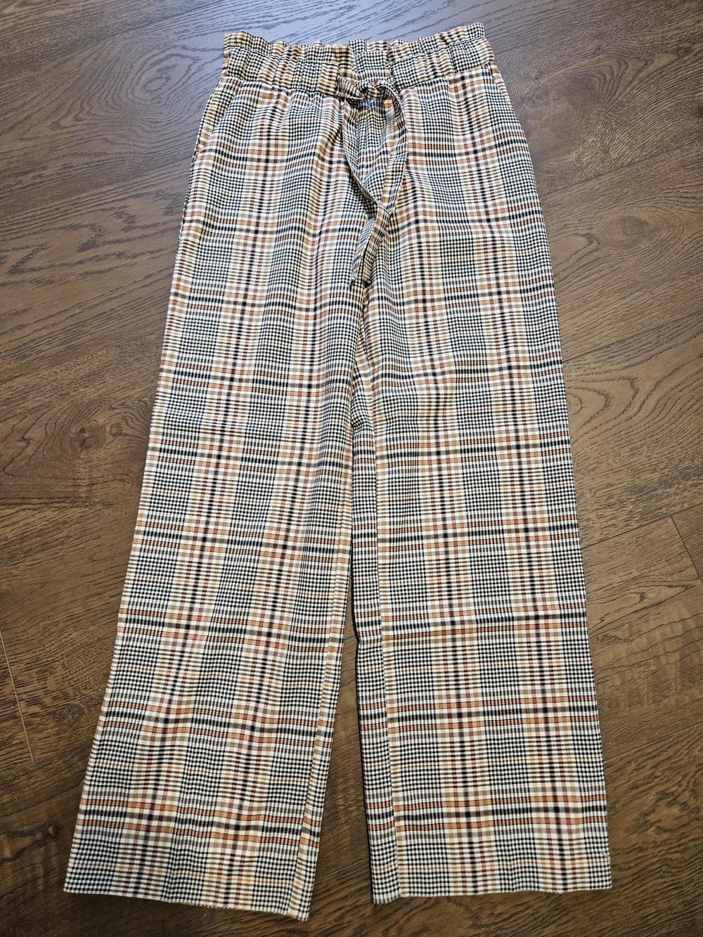 Cato Plaid Wide-Leg Paperbag Waist Pants in Black Cream and Brown
